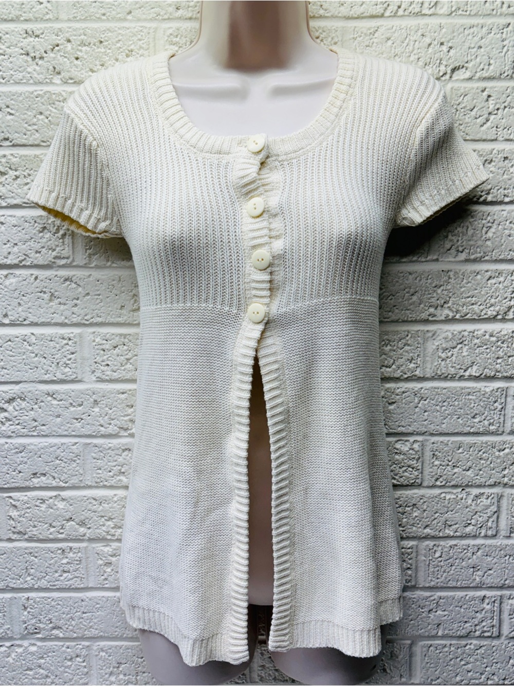 VTG‼ Y2K UNIT Sz M Off-White Cable Knit Sweater Top-Button Cardigan A-Line • VG‼
